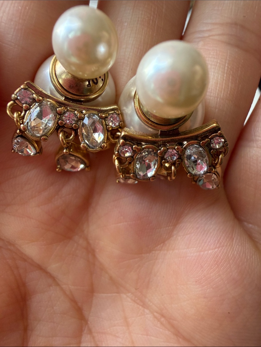 Gold Pearl and Pink Crystal Clip-On Earrings